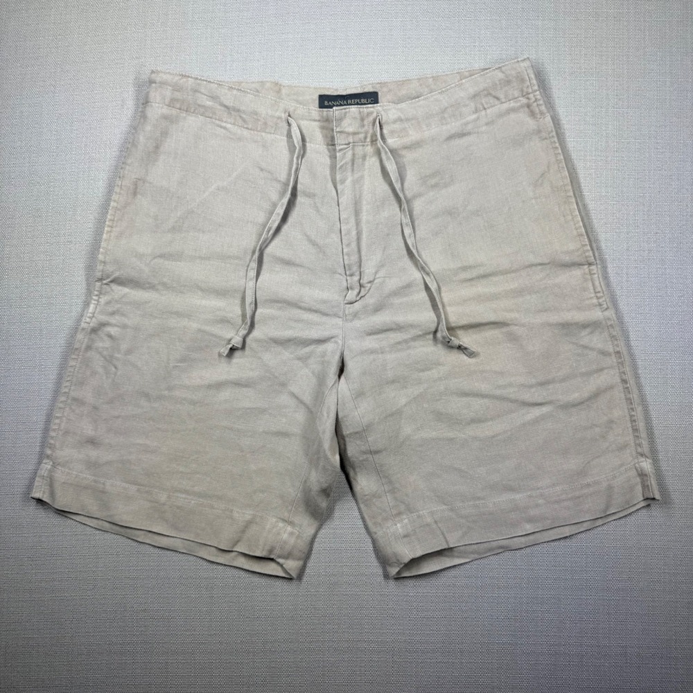 Banana Republic Mens 100% Linen Drawstring Shorts Size 32 Khaki Vintage 2002